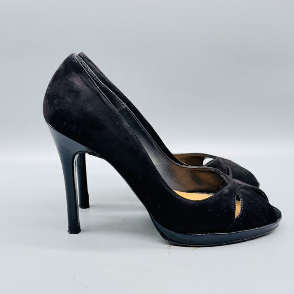Stuart Weitzman Shoes Womens 7 Black Suede Peep Toe High Heel Pumps Dressy - Picture 1 of 12